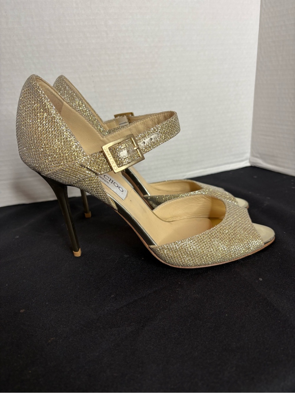 Jimmy Choo Gold Glitter Mary Jane Peep-Toe Heels with Buckle